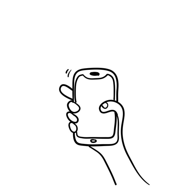 Icono de teléfono inteligente en la mano con ilustración de estilo garabato dibujado a mano sobre fondo blanco
 - Vector, imagen