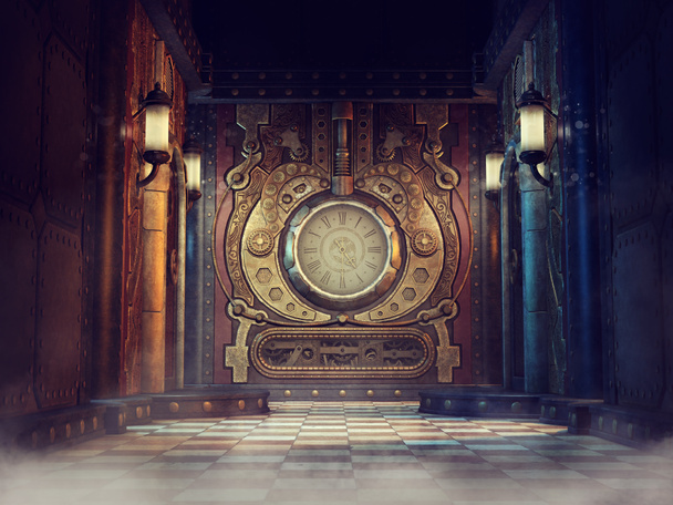 Fantasy scene with a colorful steampunk clock and lamps on the walls. 3D render. - Photo, Image