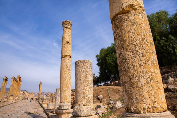 Roman ruins in the Jordanian city of Jerash. The ruins of the walled Greco-Roman settlement of Gerasa just outside the modern city.  The Jerash Archaeological Museum. - Foto, immagini