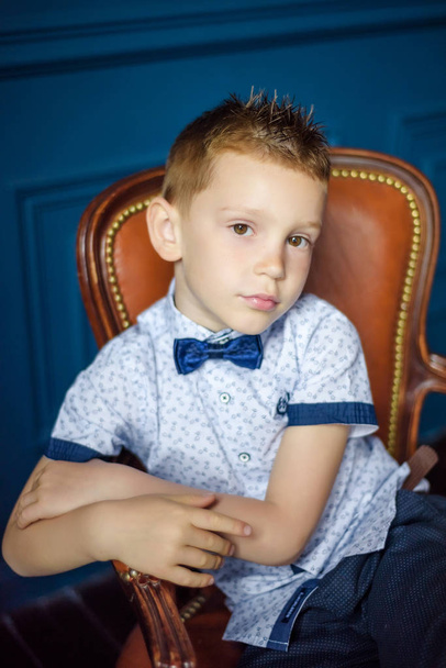 Portrait of 7 years old caucasian boy in blue bow tie sitting in big brown leather chair. Fashionable good looking little boy sit on chair and look in camera - Фото, изображение