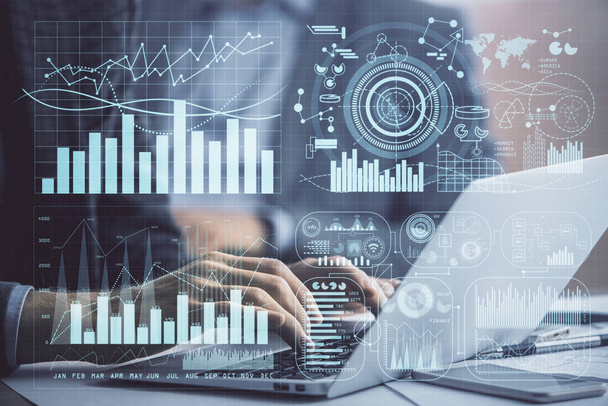Double exposure of market chart with man working on computer on background. Concept of financial analysis. - Photo, image