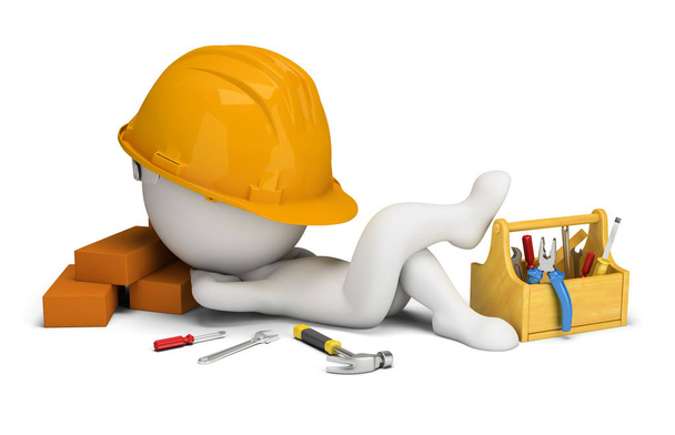 3d small people - builder sleeps in the workplace - Foto, Imagem