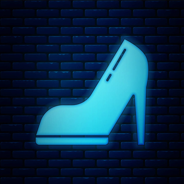 Glowing neon Woman shoe with high heel icon isolated on brick wall background. Vector Illustration - Vector, Image