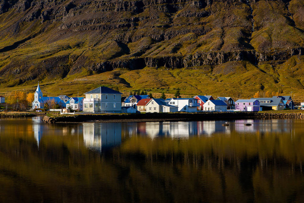 Scenic view of small town Seydisfjordur on East Iceland. The picturesque rural town. Beautiful landscape in Iceland. - Photo, Image