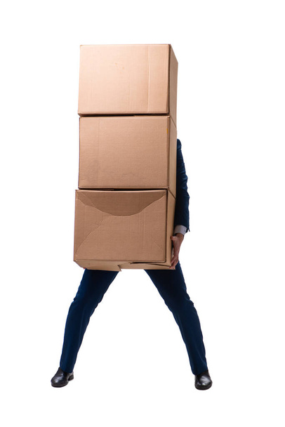 Молодий чоловік працівник з коробками ізольовані на білому
 - Фото, зображення