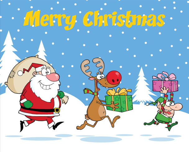 Merry Christmas Greeting With Reindeer, Elf And Santa Claus Carrying Christmas Presents - Photo, Image