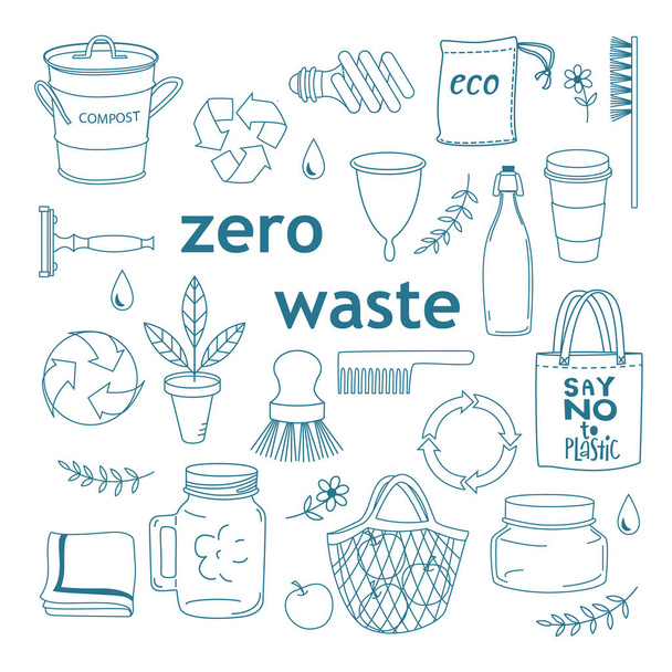 Zero waste concept. Monochrome line art collection of eco and waste elements. - Vector, Image
