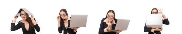 Working lady with laptop isolated on white - Photo, Image