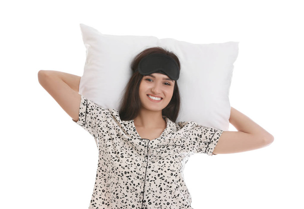 Beautiful woman with pillow on white background. Bedtime - Photo, Image
