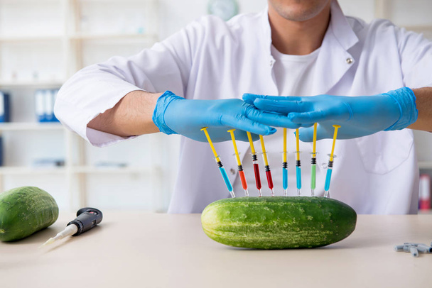 Experto en nutrición masculina prueba de verduras en laboratorio - Foto, imagen