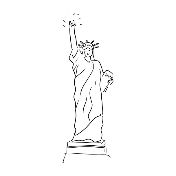 Статуя свободы с ручным знаком любви вектор иллюстрации рисунок каракули руки с черными линиями изолированы на белом фоне
 - Вектор,изображение
