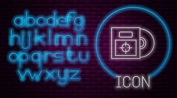 Glowing neon line CD or DVD disk in box icon isolated on brick wall background. Compact disc sign. Neon light alphabet. Vector Illustration - Vector, Image