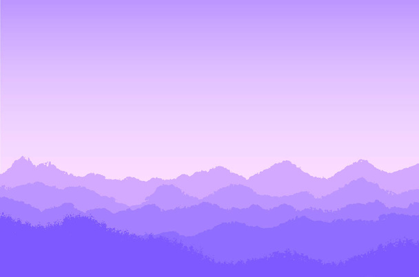 Violet mountain landscape with fog and forest - vector illustrat - Vector, Image