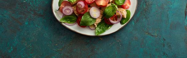 top view of delicious Italian vegetable salad panzanella served on plate on textured green surface, panoramic shot - 写真・画像