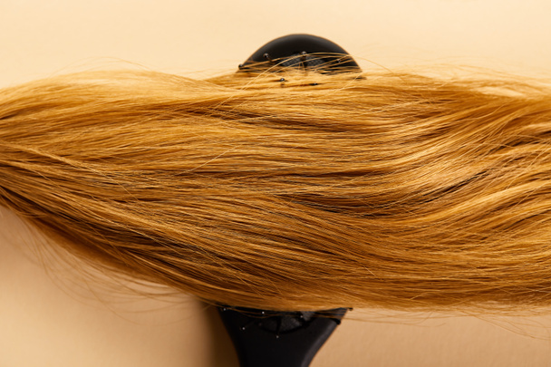 Top view of brown hair on hairbrush on beige background - 写真・画像