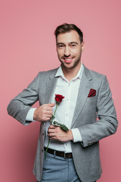 cheerful bearded man in suit holding red rose, isolated on pink - Foto, Imagem