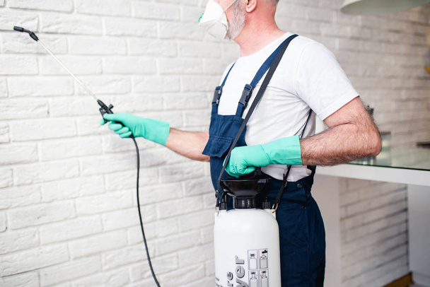 Exterminator in work wear spraying pesticide with sprayer.  - Photo, Image