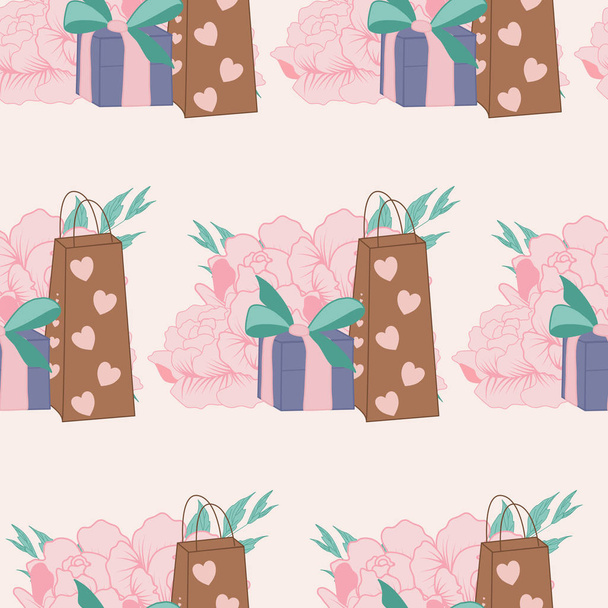 seamless pattern design with peonies and gifts - Vector, Image