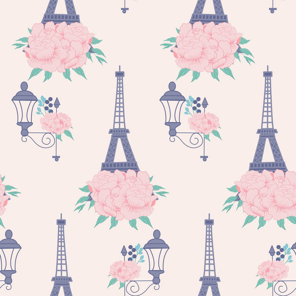 roze pioenrozen, parijs en laternen, in een naadloos patroon ontwerp - Vector, afbeelding
