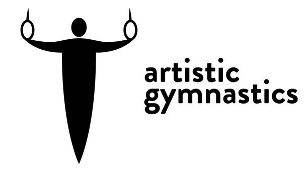 Vector banner with an icon of a gymnast doing exercises with rings with text headline. Modern flat artistic gymnastics icon, pictogram - Vector, Image