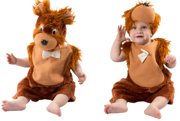 Adorable baby boy,dressed in furry teddy bear carnival suit, isolated on white background. The concept of childhood and holiday - Fotografie, Obrázek