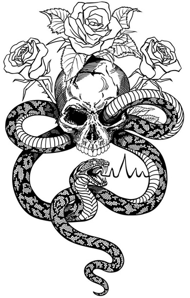 lebka, had a růže. Černobílé tetování - Vektor, obrázek