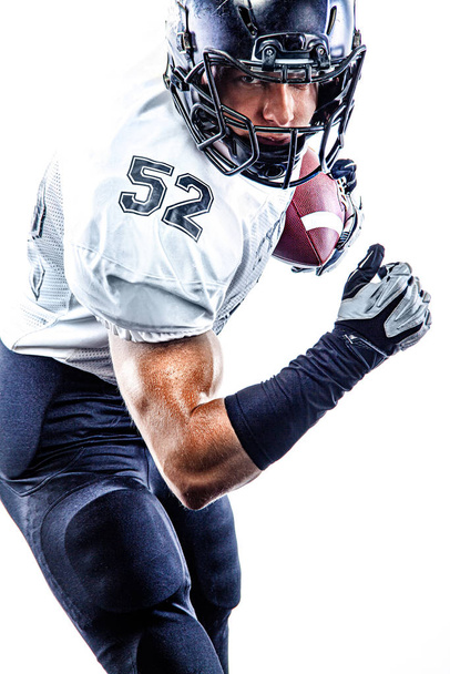 American football player in helmet isolated on white background. Sport wallpaper. - Foto, imagen