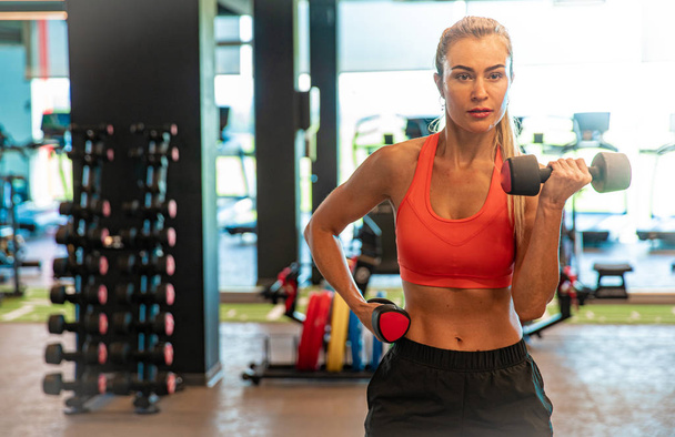 Young sporty woman strengthens with dumbbells in gym - Photo, Image