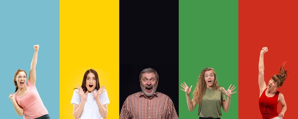 Portrait of group of young people isolated on multicolored studio background, flyer, collage - Фото, изображение