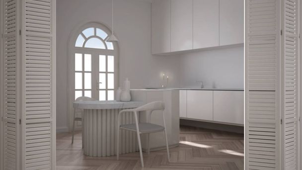 Білі розкладні двері на мінімалістичній класичній кухні з островом і стільцями, арочне панорамне вікно, паркет, білий дизайн інтер'єру, концепція архітектора, розмитий фон
 - Фото, зображення