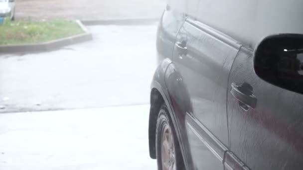 Un hombre lava un coche negro. Video en cámara lenta de un proceso de lavado de autos en un auto-servicio de lavado de autos. Un chorro de agua con un lavado de alta presión de la suciedad del auto. Vista lateral. Drenajes de detergente espumado
 - Metraje, vídeo