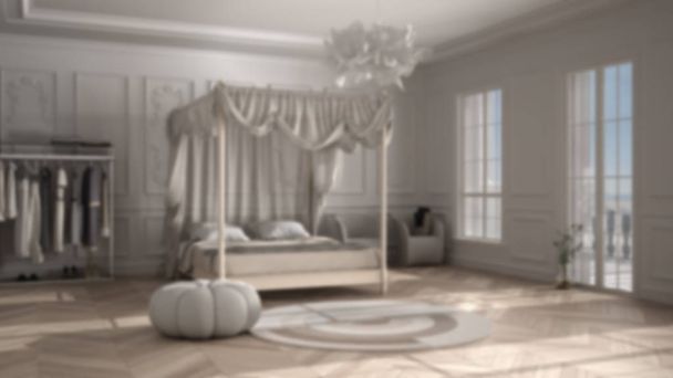Дизайн інтер'єру розмитого фону: класична розкішна спальня, оселедець, ліпнина, ліжко з подушками та ковдрами, килим, пуф, крісло, архітектура
 - Фото, зображення