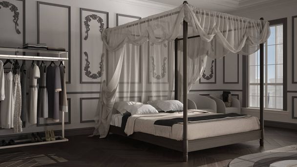 Dormitorio de lujo clásico, suite de hotel, parquet de espiga, paredes moldeadas de estuco, cama doble con dosel con almohadas y mantas, alfombra con puf, sillón, diseño interior blanco y gris
 - Foto, Imagen