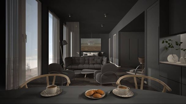 Однокомнатная квартира, серый интерьер, паркет, открытое пространство: кухня со столом, гостиная с диваном, кресла, спальня с двуспальной кроватью. Панорамные окна с занавесками
 - Фото, изображение