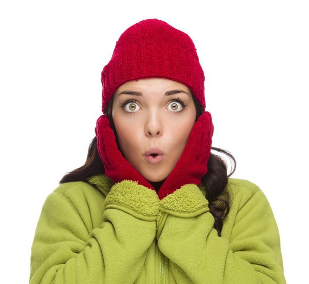 Stunned Mixed Race Woman Wearing Winter Hat and Gloves - Photo, Image