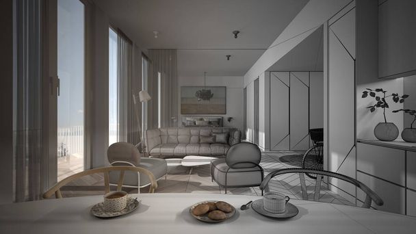 Концепция архитектора интерьера: незавершенный проект, который становится реальным, однокомнатный плоский дизайн интерьера, открытое пространство: кухня, стол, гостиная, диван, спальня. Панорамные окна
 - Фото, изображение