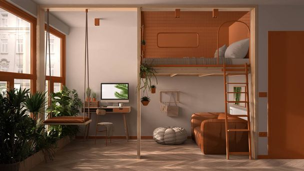 Minimalistinen yksiö parvekkeella parivuode, parvisänky, keinu. Olohuone, jossa sohva, koti työpaikka, pöytä, tietokone. Ikkunat kasvit, valkoinen ja oranssi sisustus
 - Valokuva, kuva