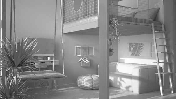 Полный белый проект, минималистская однокомнатная квартира с двухъярусной кроватью на чердаке, качели. Гостиная с диваном, домашнее рабочее место со столом. Окна с растениями в горшках, дизайн интерьера
 - Фото, изображение