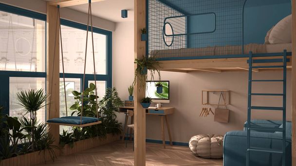 Minimalistisch studio appartement met loft stapelbed, mezzanine, schommel. Woonkamer met bank, thuiswerkplaats, bureau, computer. Ramen met planten, wit en blauw interieur - Foto, afbeelding