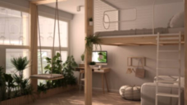 Blur fundo design de interiores: apartamento estúdio minimalista com cama de casal loft beliche e swing. Sala de estar com sofá, local de trabalho em casa com mesa. Janelas com plantas em vaso
 - Foto, Imagem