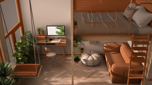 Minimalistinen yksiö parvekkeella parivuode, keinu. Olohuone, jossa sohva, koti työpaikka, pöytä, tietokone. Ikkunat kasvit, valkoinen ja oranssi sisustus, ylhäältä
 - Valokuva, kuva