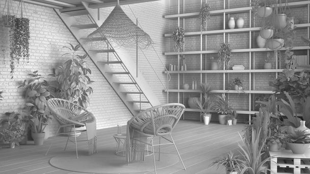 Проект полностью белый, современная оранжерея, дизайн интерьера зимнего сада, гостиная с креслами из ротанга. Мезонин с лестницей, паркетный пол. Место для отдыха, полное растений в горшках
 - Фото, изображение