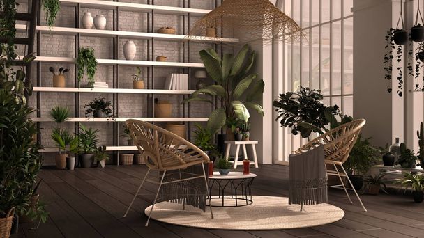Modern conservatory, winter garden, white and gray interior design, lounge with rattan armchair, table. Mezzanine and iron staircase, parquet floor. Relax space full of potted plants - Photo, Image