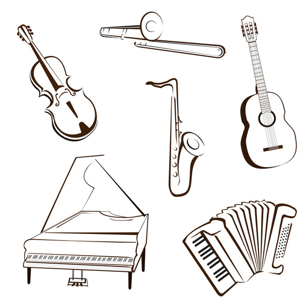Müzik simgesi koleksiyonu - vektör silueti çizimi. Keman, trompet, gitar, piyano, düğme akordeon  - Vektör, Görsel