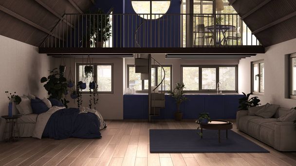 Современный лофт с мезонином и лестницей, паркетным полом и панорамными окнами. Однокомнатная квартира, открытое пространство, спальня, гостиная, кухня, балкон, белый и фиолетовый дизайн интерьера
 - Фото, изображение