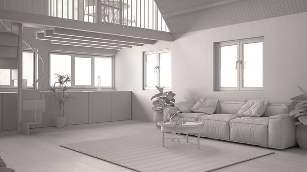 Projecto total branco, loft moderno com mezanino e escadaria, parquet e janelas. Apartamento estúdio, espaço aberto, sala de estar, sofá, cozinha e terraço, design de interiores branco
 - Foto, Imagem