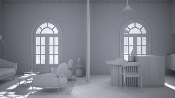 Totale witte ontwerp project, luxe lounge, woonkamer en keuken in klassieke kamer met stucwerk gegoten muren en parketvloer. Eiland met stoelen, fauteuils met salontafel, tapijt - Foto, afbeelding