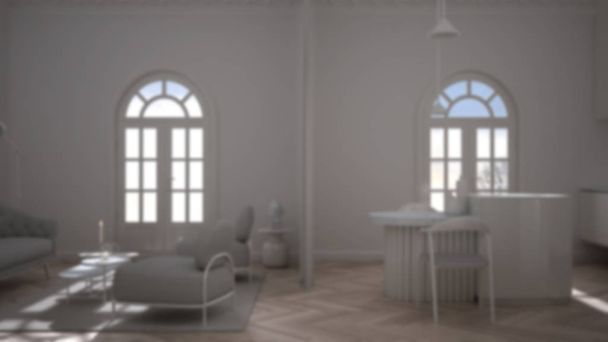 Diseño interior de fondo desenfoque: salón de lujo, sala de estar y cocina en habitación clásica con paredes moldeadas de estuco y parquet. Isla con sillas, sillones con mesa de centro, alfombra
 - Foto, Imagen