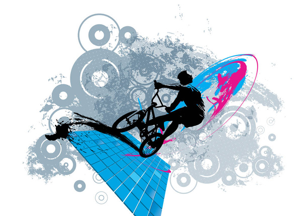 Aktywny człowiek. BMX rider w abstrakcyjnym tle sportowego krajobrazu, wektor. - Wektor, obraz