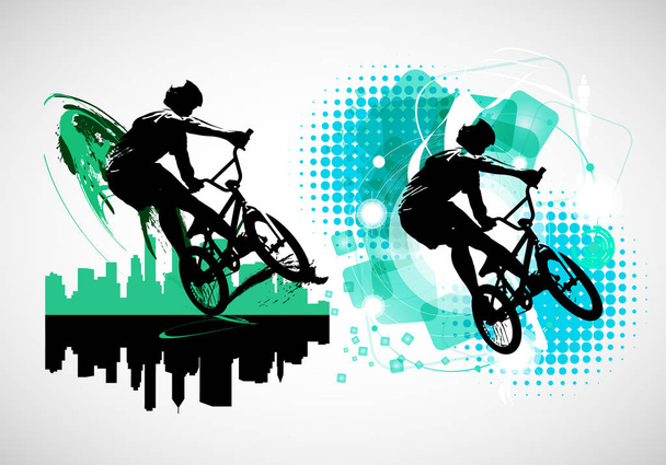 Uomo attivo. BMX rider in astratto paesaggio sportivo sfondo, vettore. - Vettoriali, immagini